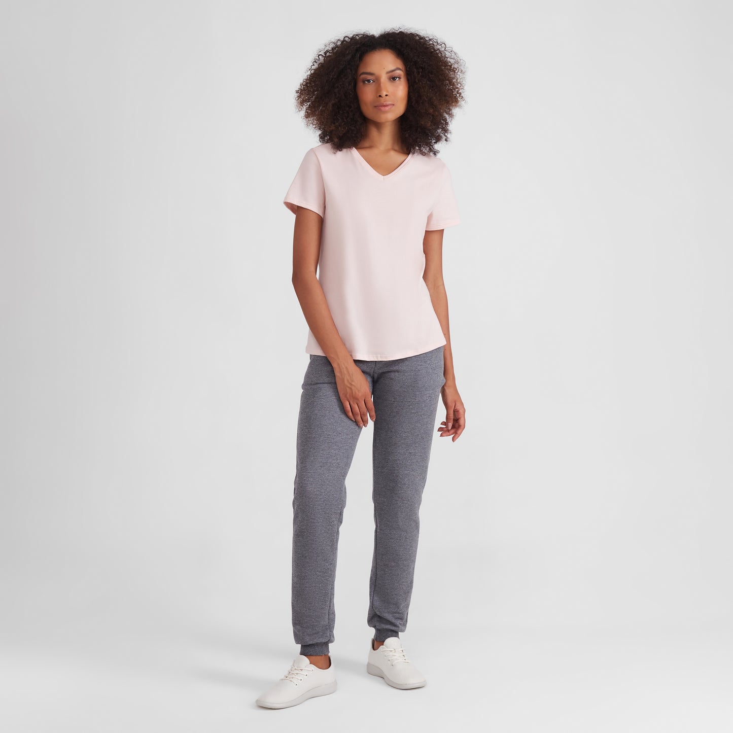 Camiseta Básica Gola V Feminina - Rosa Pastel