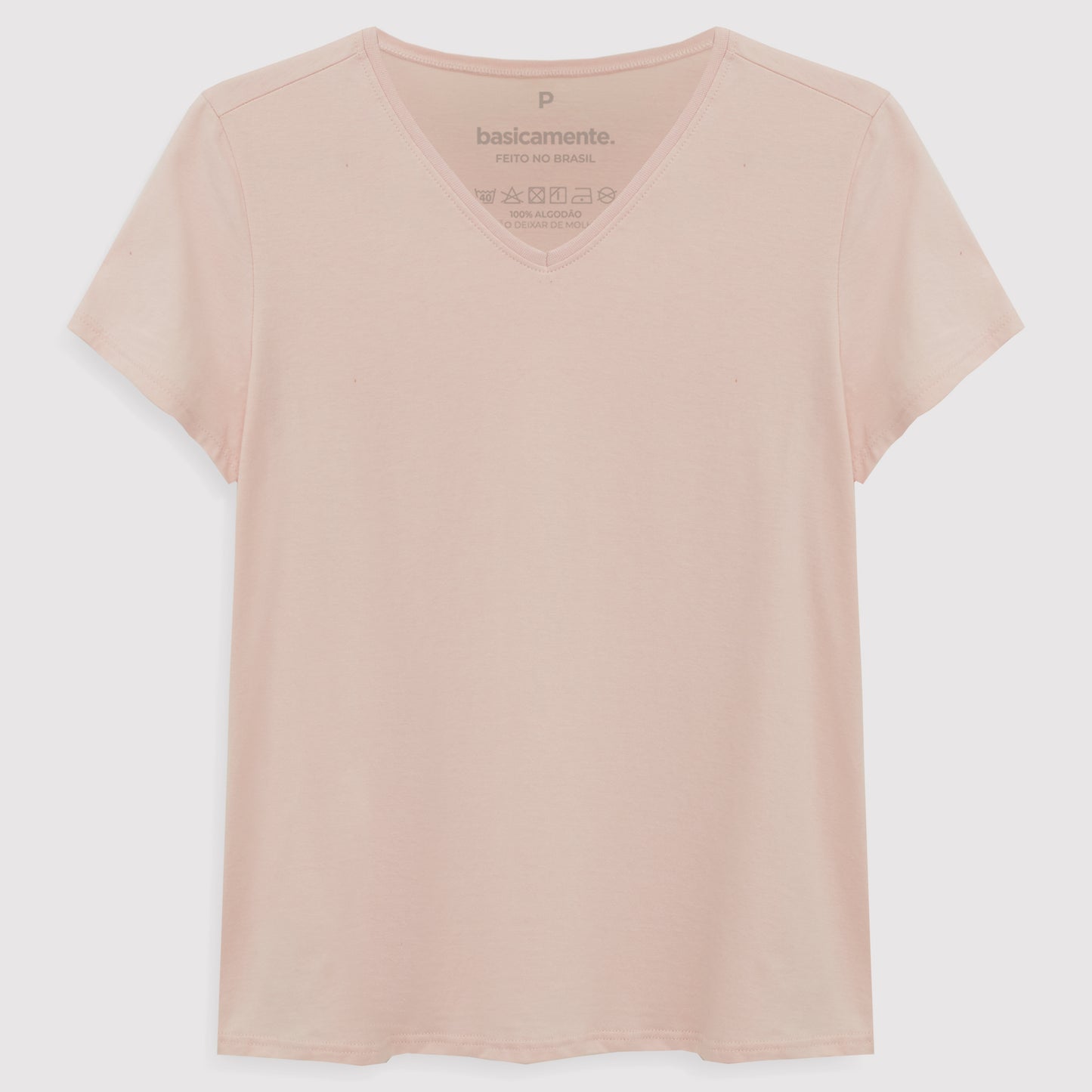 Camiseta Básica Gola V Feminina - Rosa Pastel