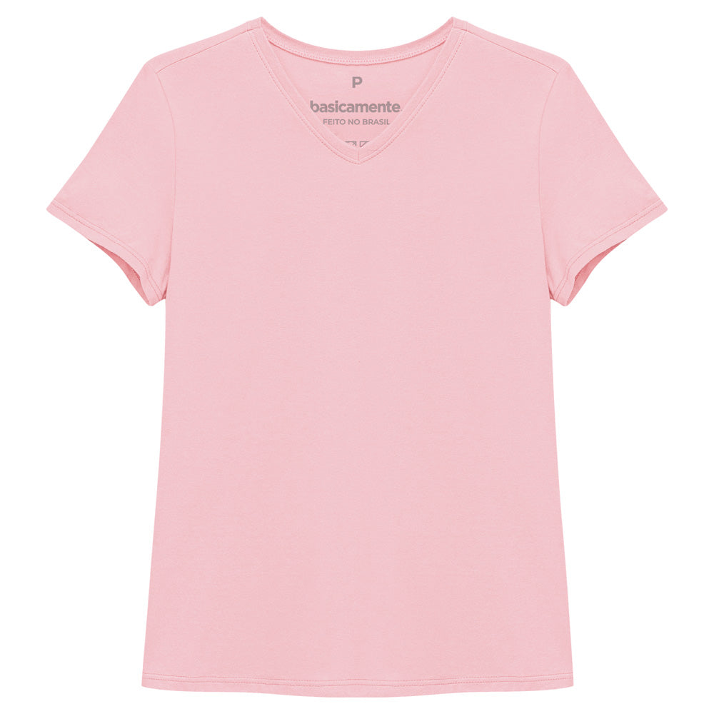 Camiseta Básica Gola V Feminina - Rosa Orquídea