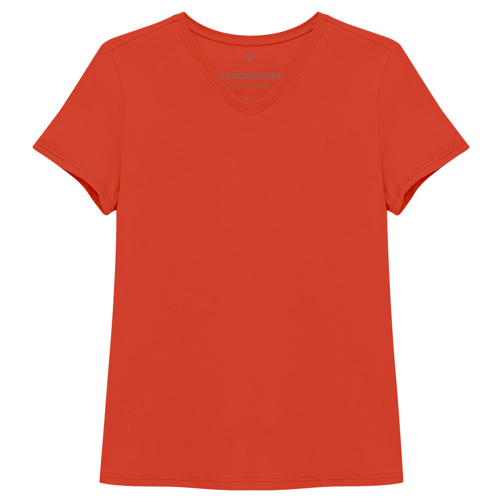 Camiseta Básica Gola V Feminina - Tangerina