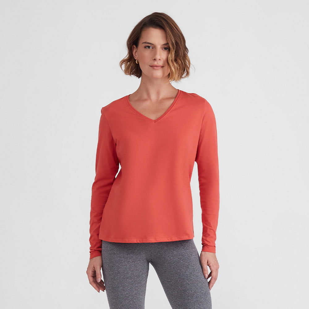 Camiseta Básica Manga Longa Gola V Feminina - Laranja Coral