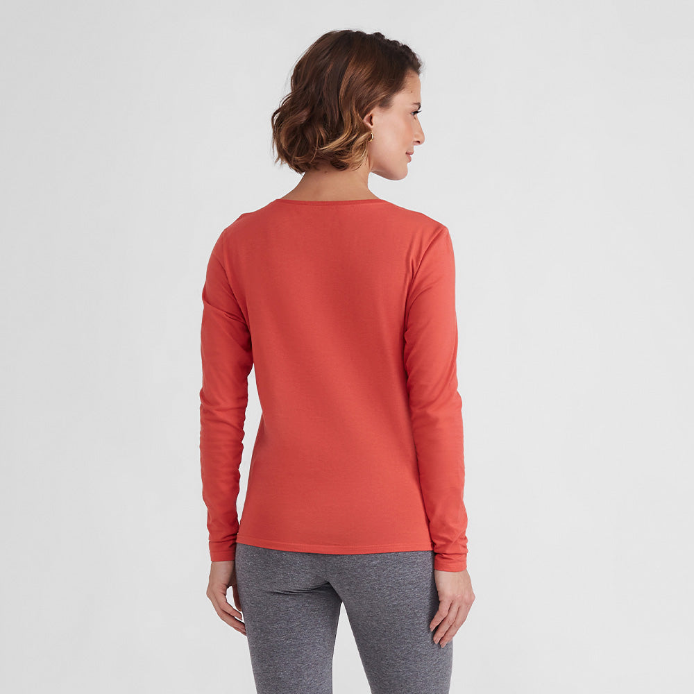 Camiseta Básica Manga Longa Gola V Feminina - Laranja Coral