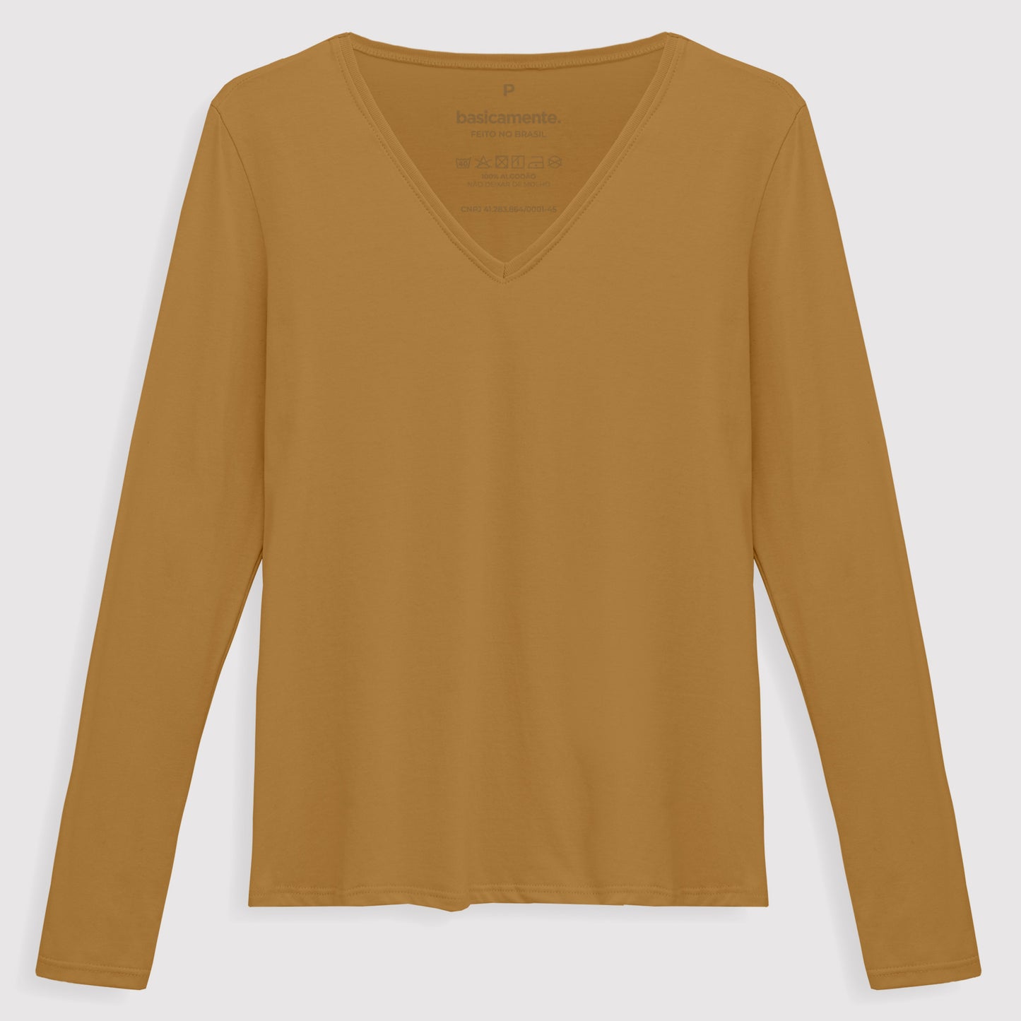 Camiseta Básica Manga Longa Gola V Feminina - Ocre