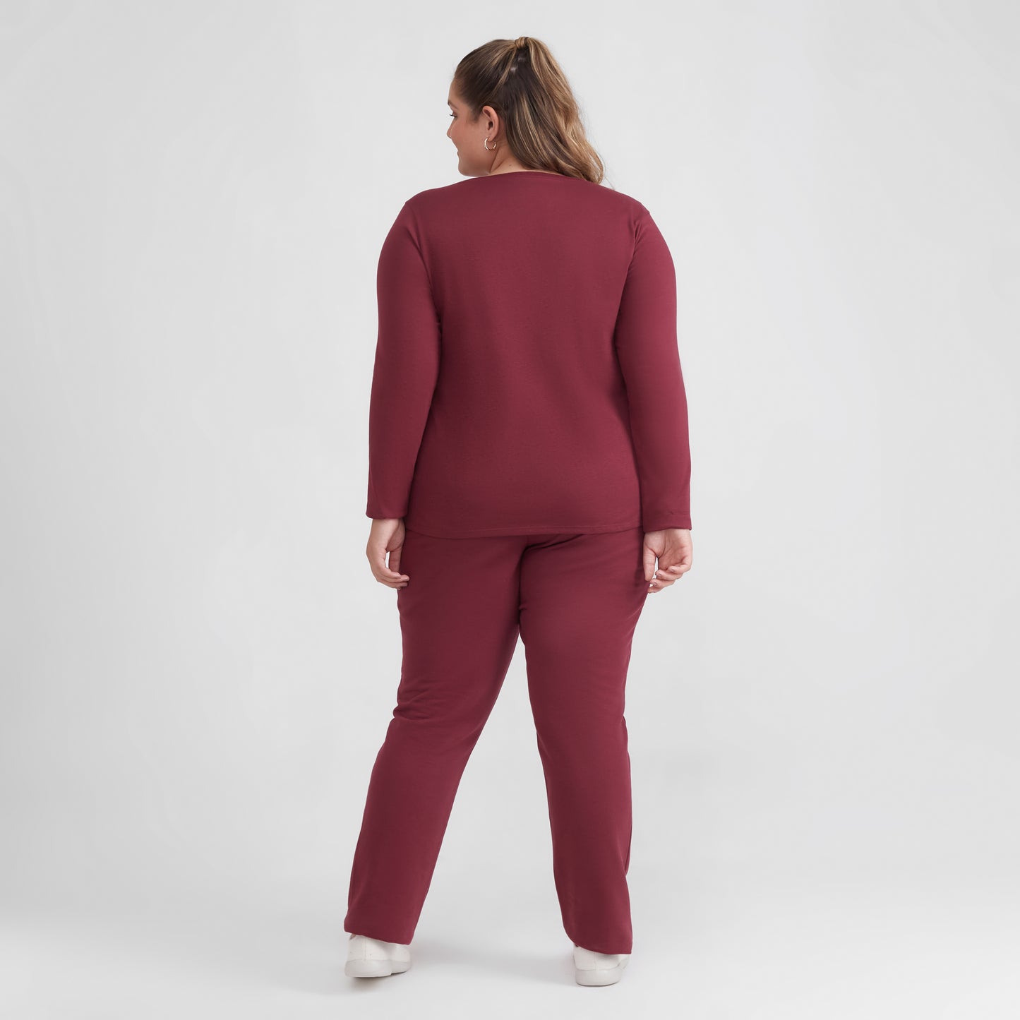 Camiseta Babylook Algodão Premium Manga Longa Gola V Plus Feminina - Vermelho Vinho