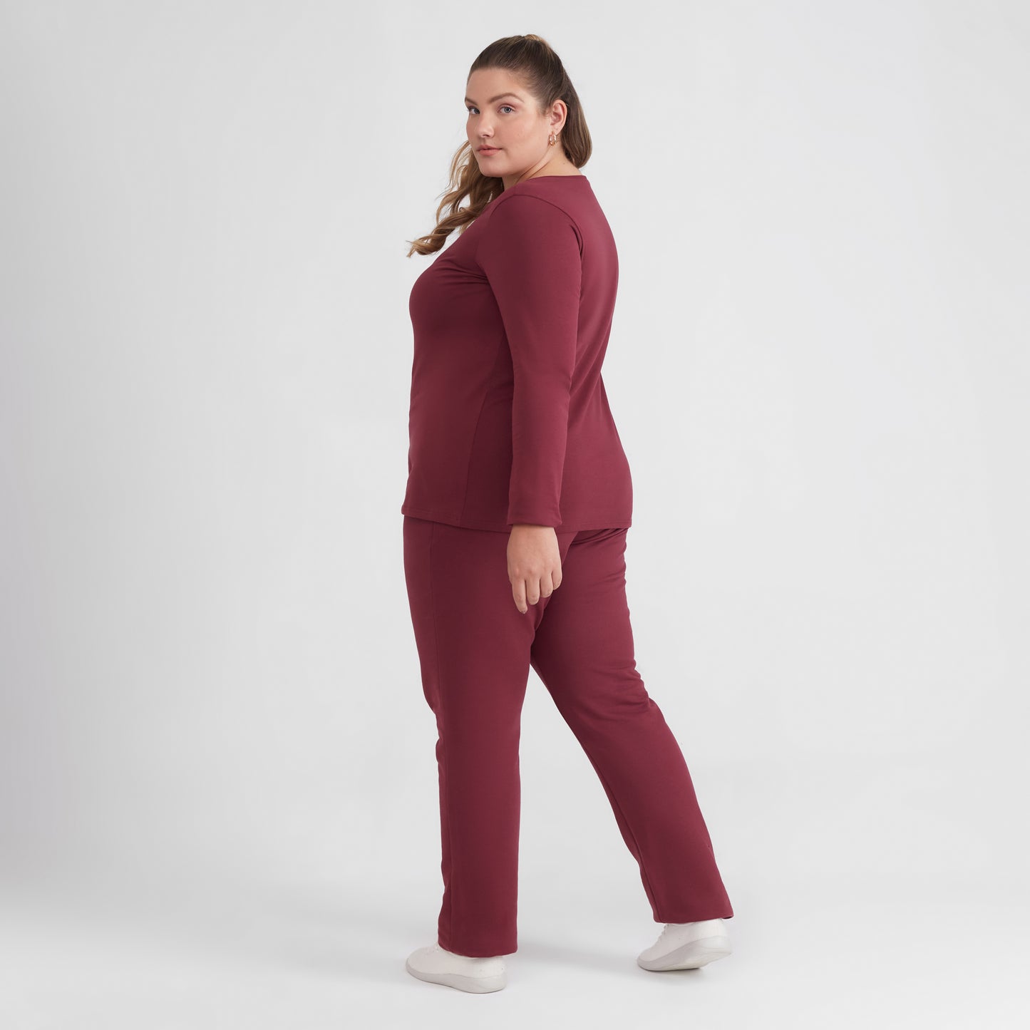 Camiseta Babylook Algodão Premium Manga Longa Gola V Plus Feminina - Vermelho Vinho