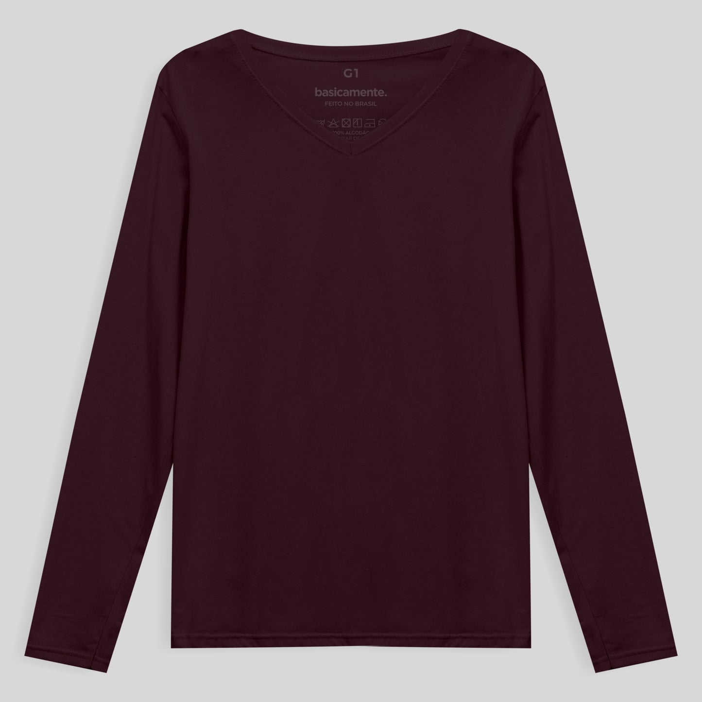 Camiseta Babylook Algodão Premium Manga Longa Gola V Plus Feminina - Vermelho Vinho