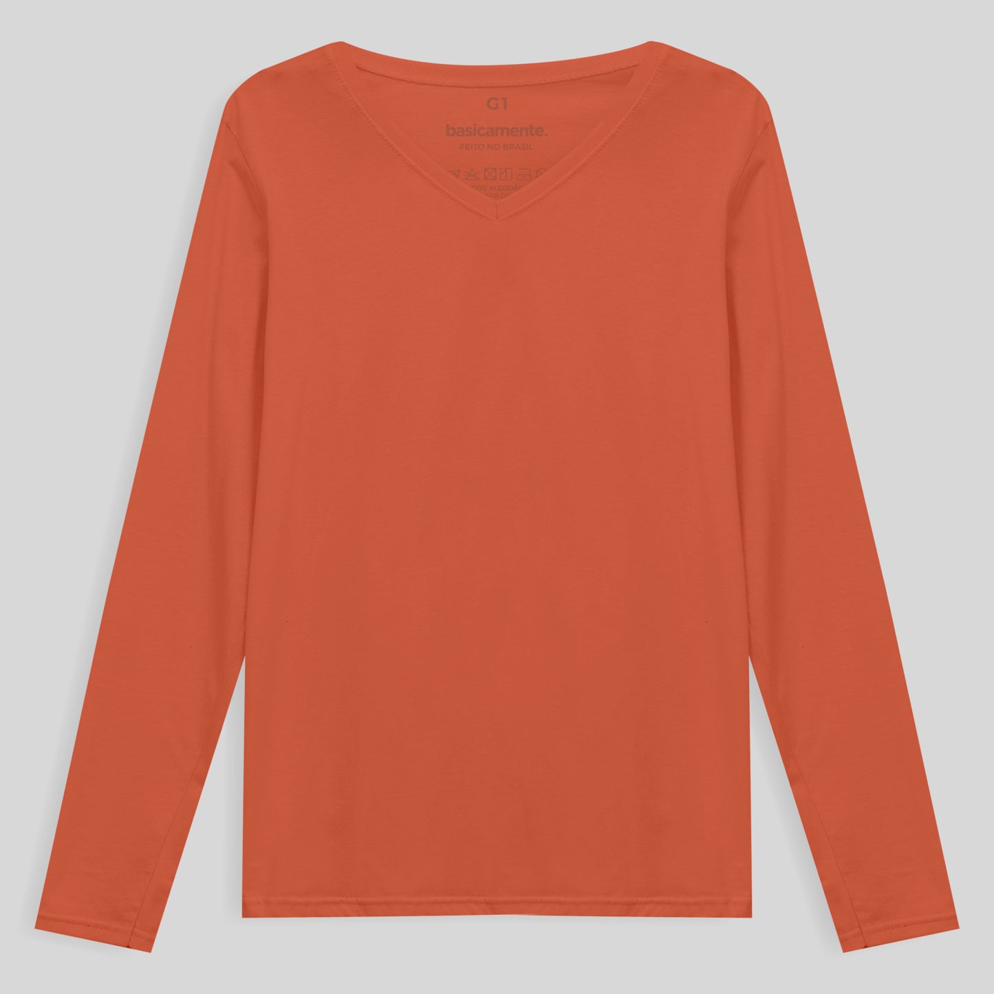 Camiseta Babylook Algodão Premium Manga Longa Gola V Plus Feminina - Laranja Coral