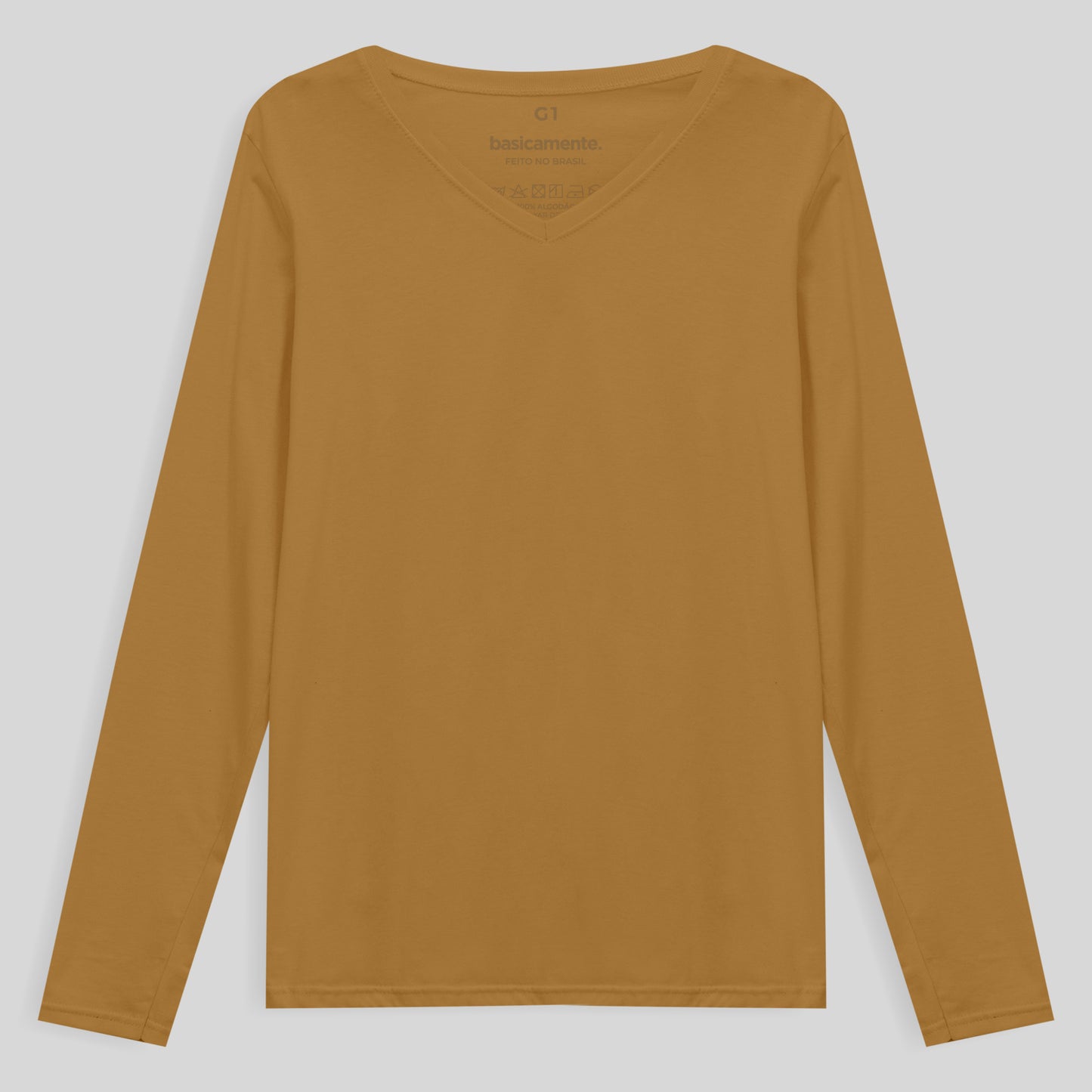 Camiseta Babylook Algodão Premium Manga Longa Gola V Plus Feminina - Ocre