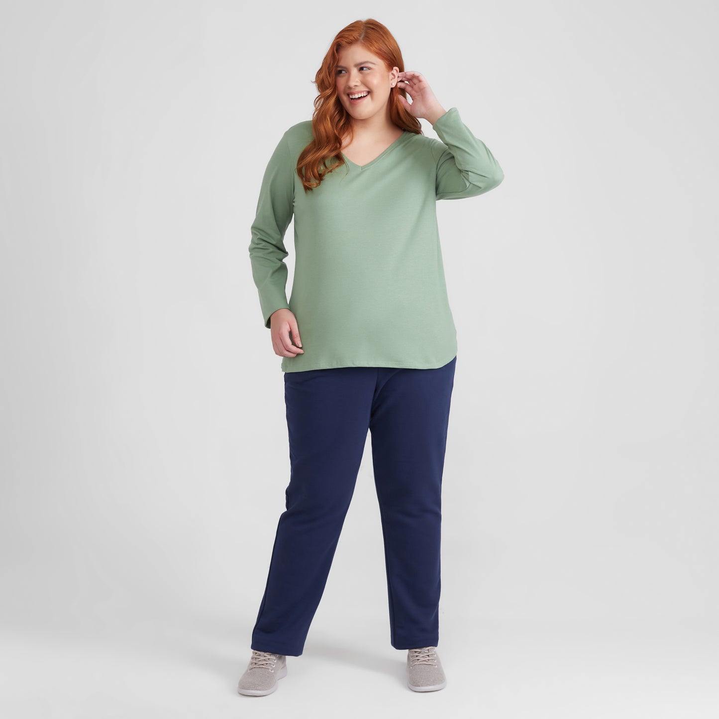 Camiseta Babylook Algodão Premium Manga Longa Gola V Plus Feminina - Verde Jade
