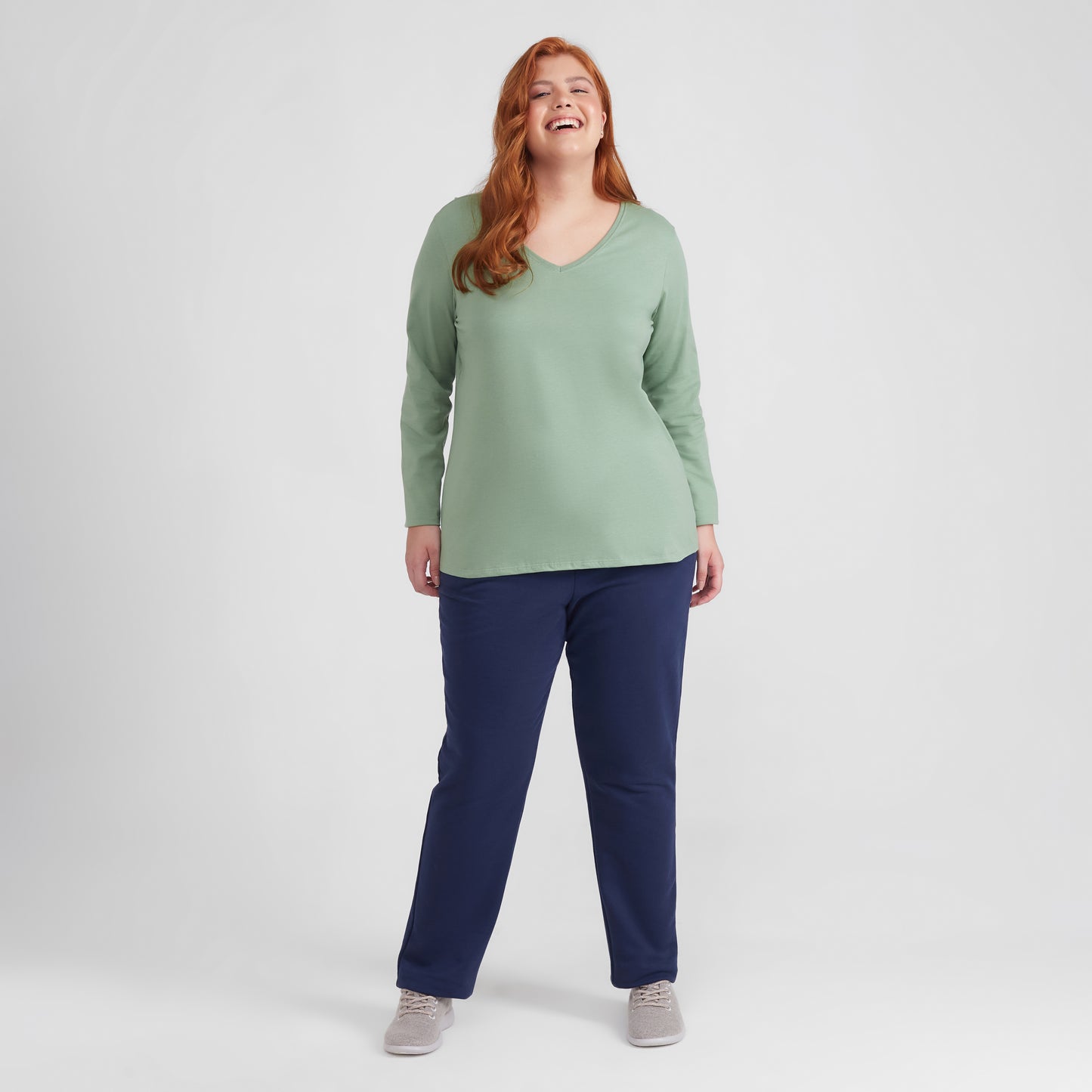 Camiseta Babylook Algodão Premium Manga Longa Gola V Plus Feminina - Verde Jade