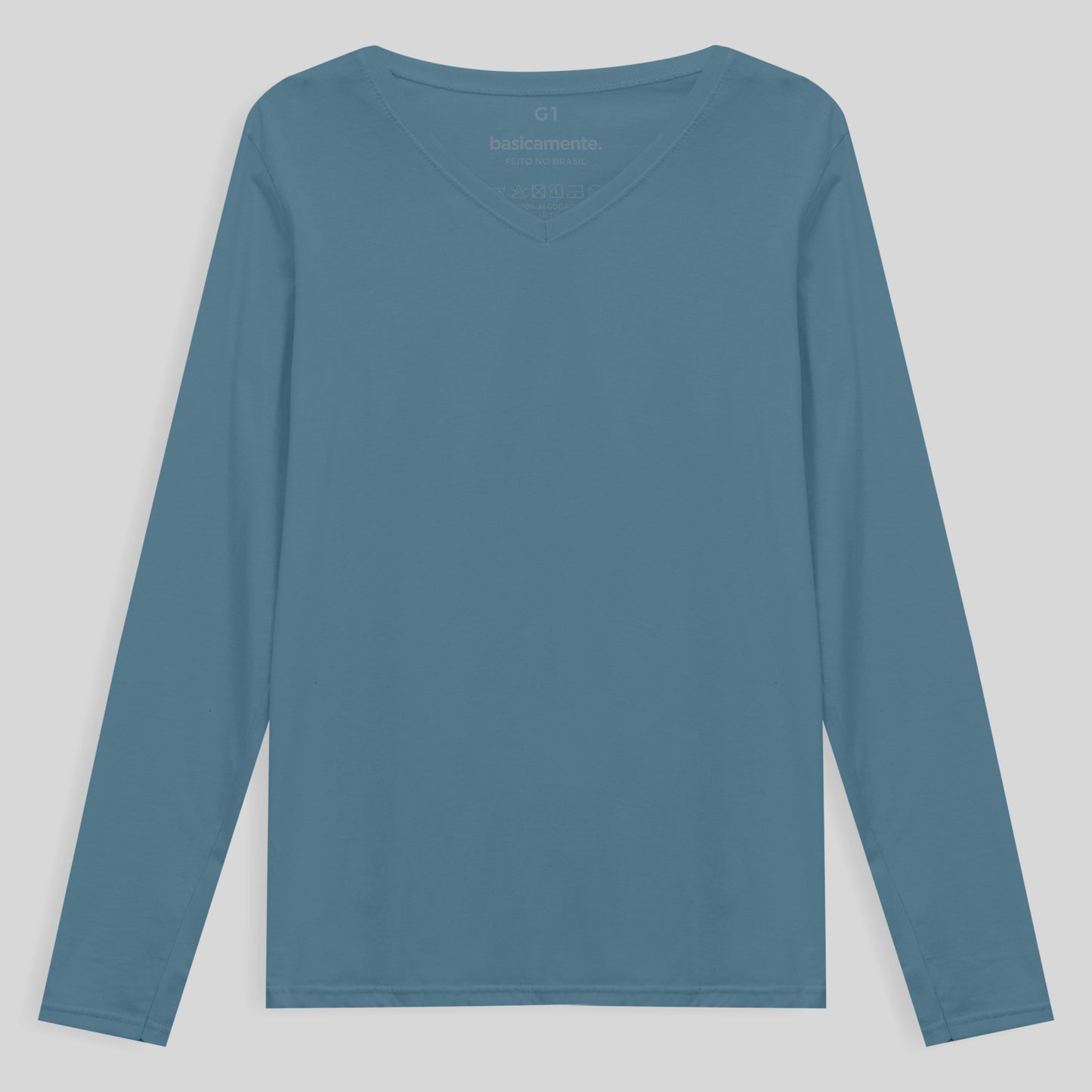 Camiseta Babylook Algodão Premium Manga Longa Gola V Plus Feminina - Azul Celeste