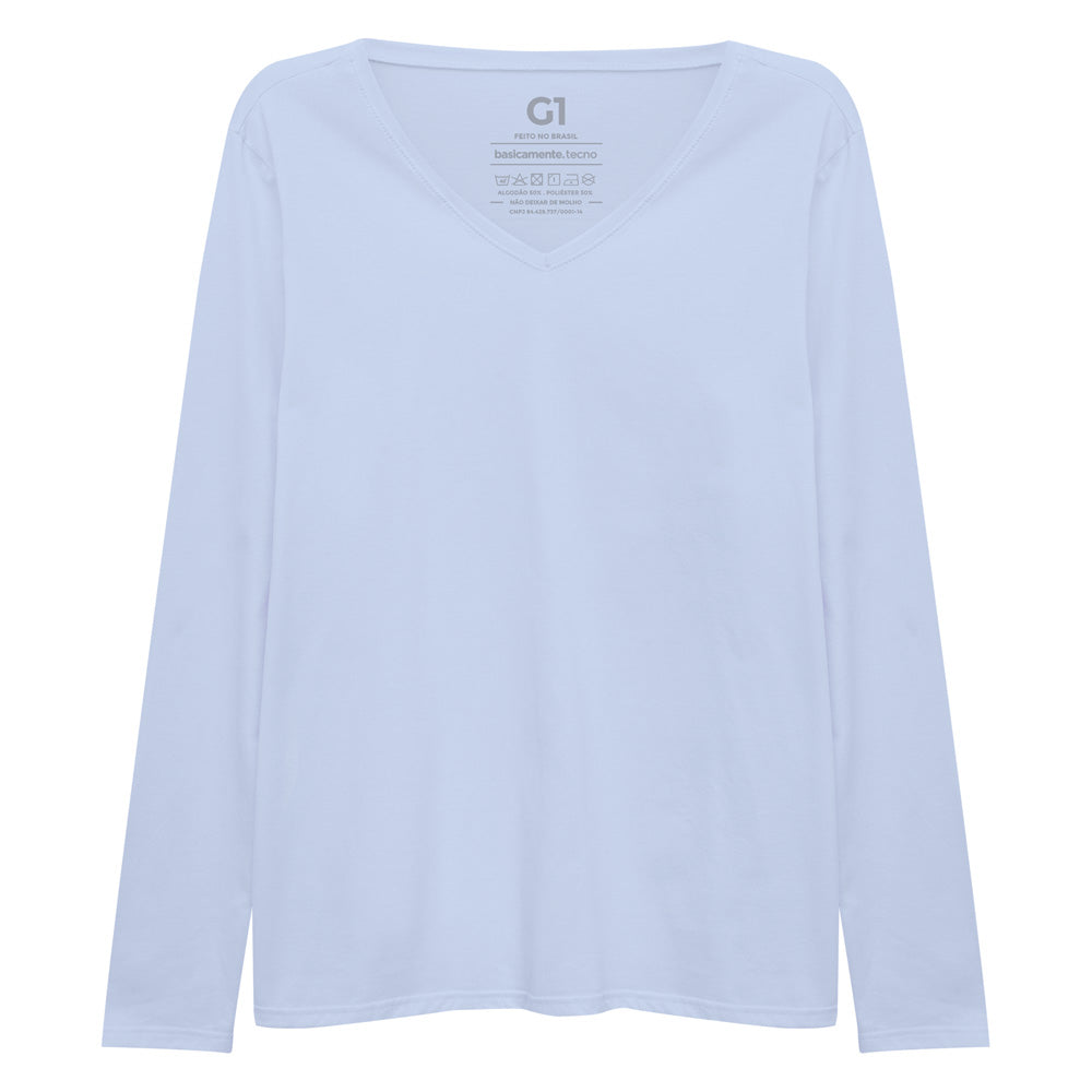 Camiseta Babylook Algodão Premium Manga Longa Gola V Plus Feminina - Azul Capri