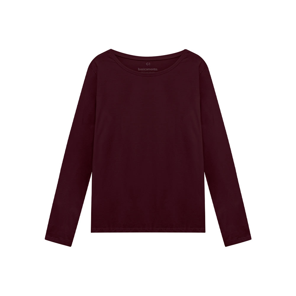 Camiseta Básica Manga Longa Plus Feminina - Vermelho Vinho
