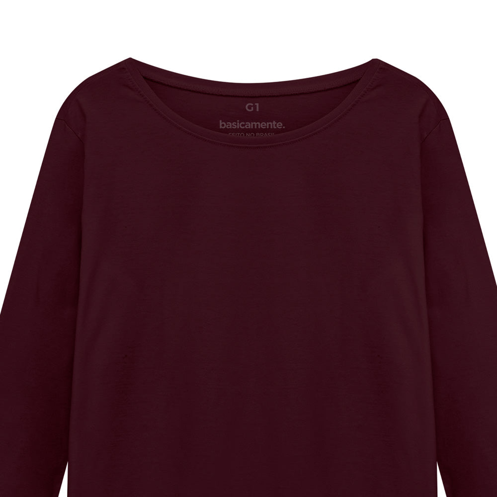 Camiseta Básica Manga Longa Plus Feminina - Vermelho Vinho