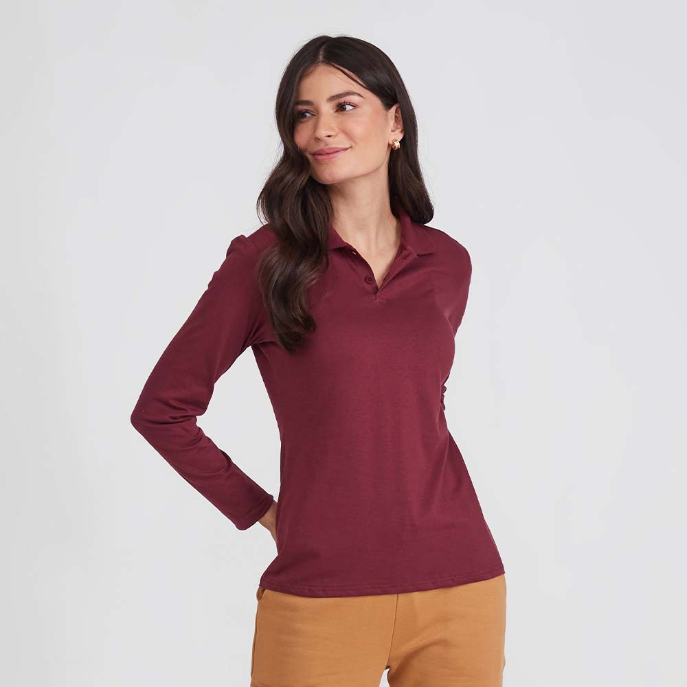 Camisa Polo Manga Longa Feminina - Vermelho Vinho