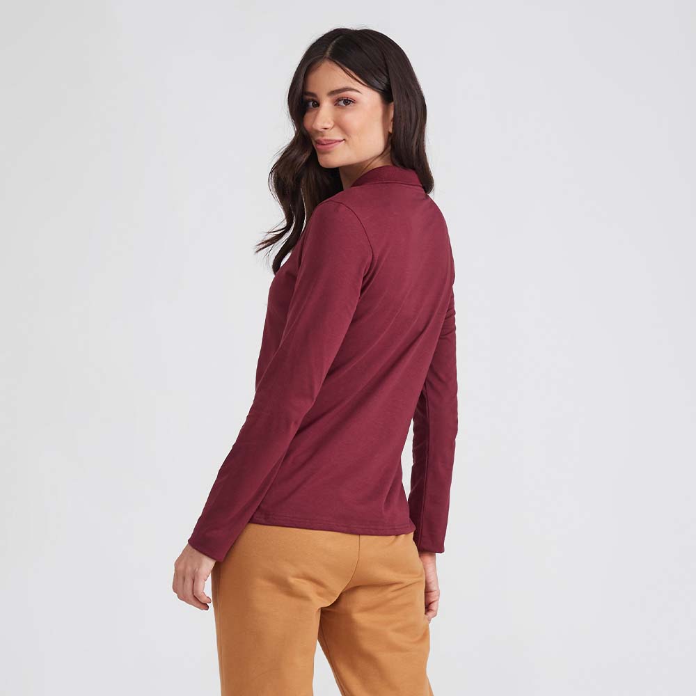 Camisa Polo Manga Longa Feminina - Vermelho Vinho