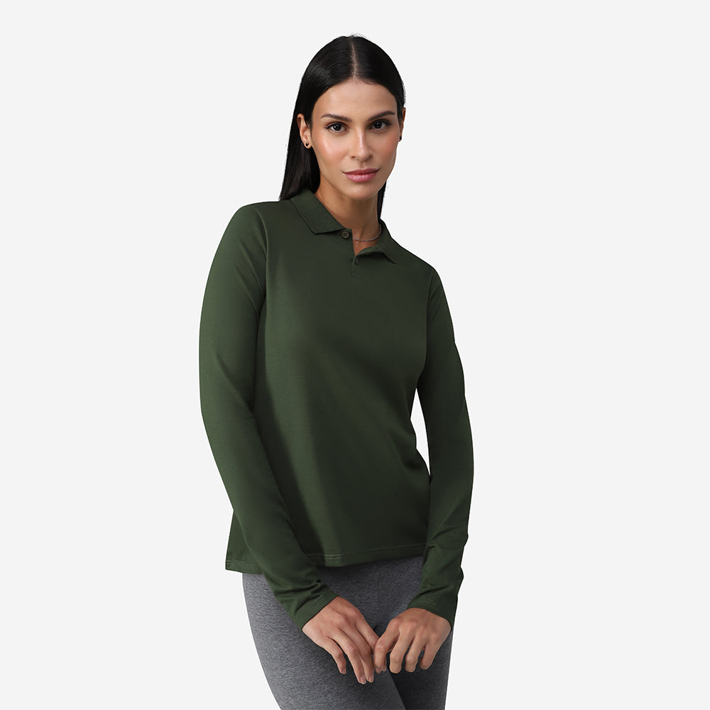 Camisa Polo Manga Longa Feminina - Verde Selva
