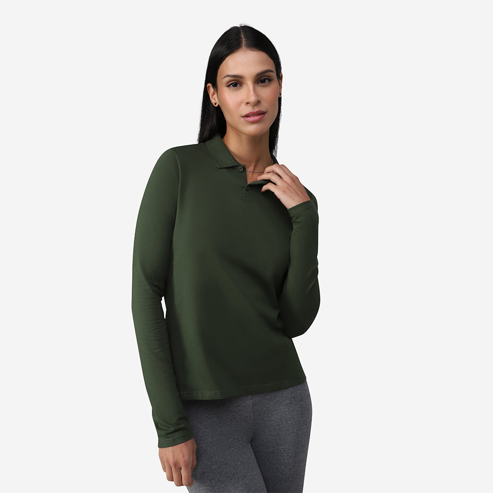 Camisa Polo Manga Longa Feminina - Verde Selva
