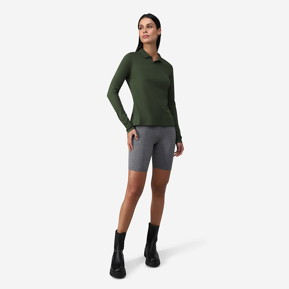 Camisa Polo Manga Longa Feminina - Verde Selva