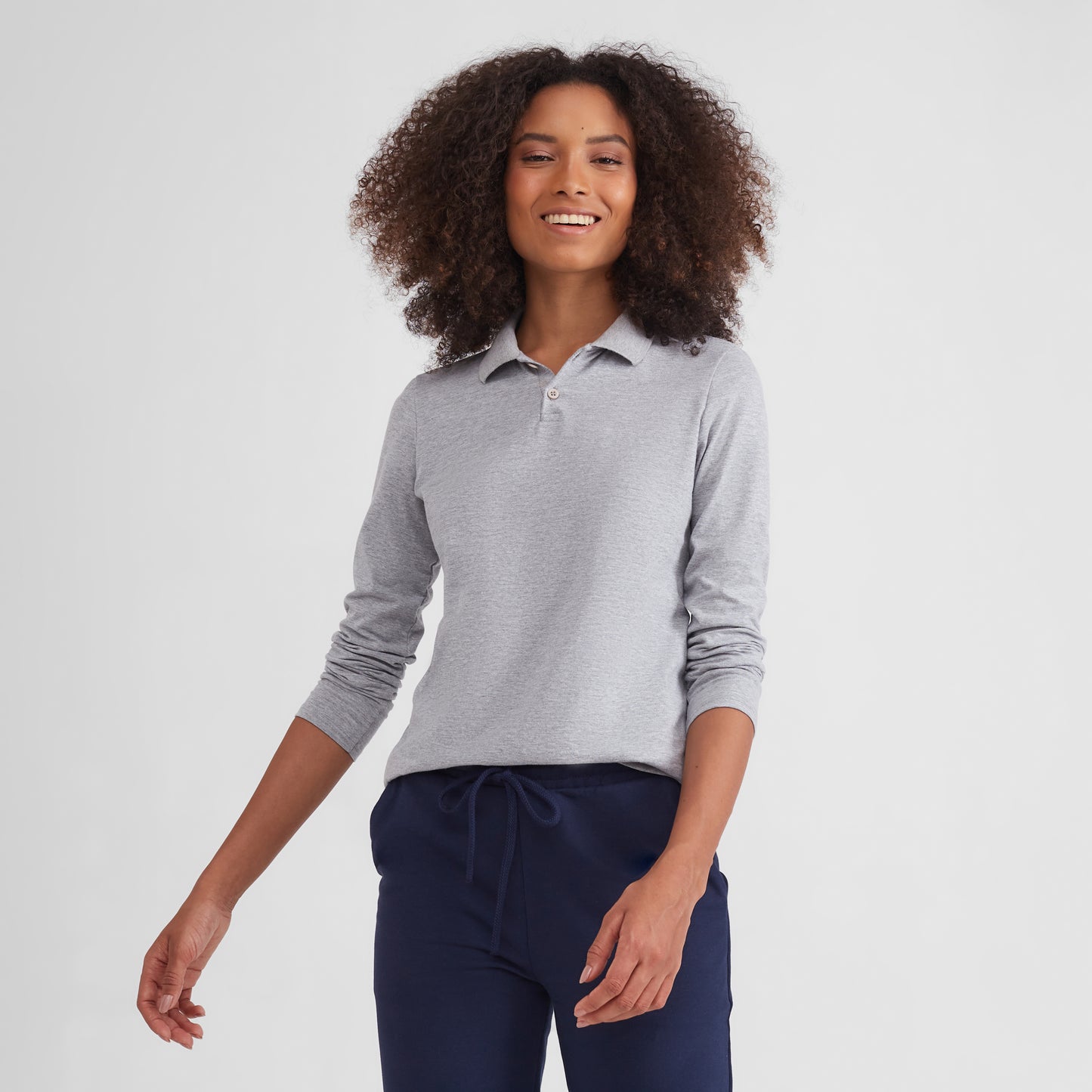 Camisa Polo Manga Longa Feminina - Mescla Claro