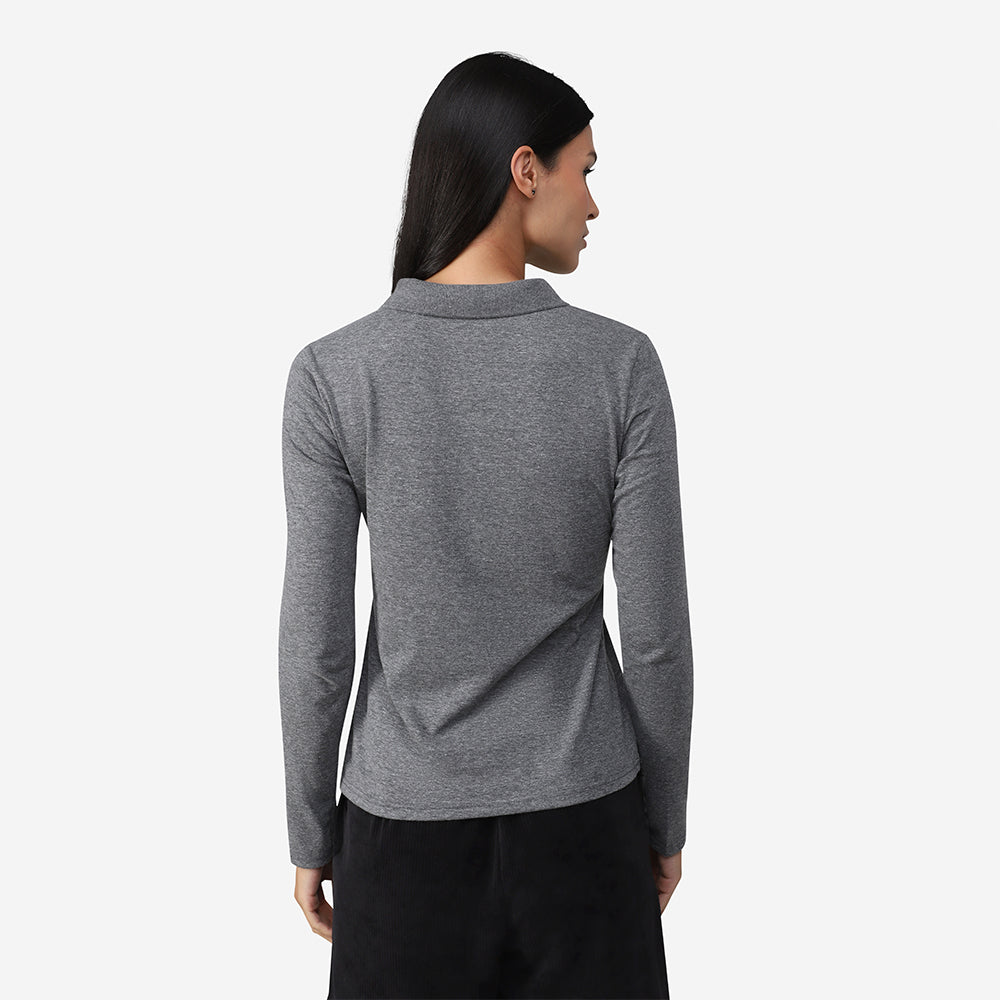 Camisa Polo Manga Longa Feminina - Mescla Escuro
