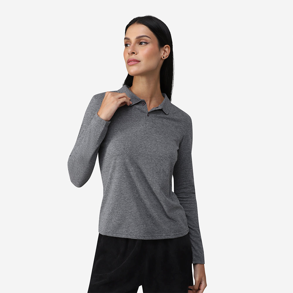 Camisa Polo Manga Longa Feminina - Mescla Escuro