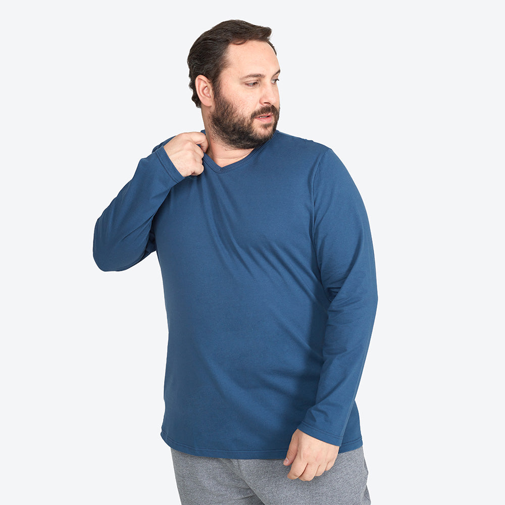 Camiseta Básica Gola V Manga Longa Plus Masculina - Azul Indigo