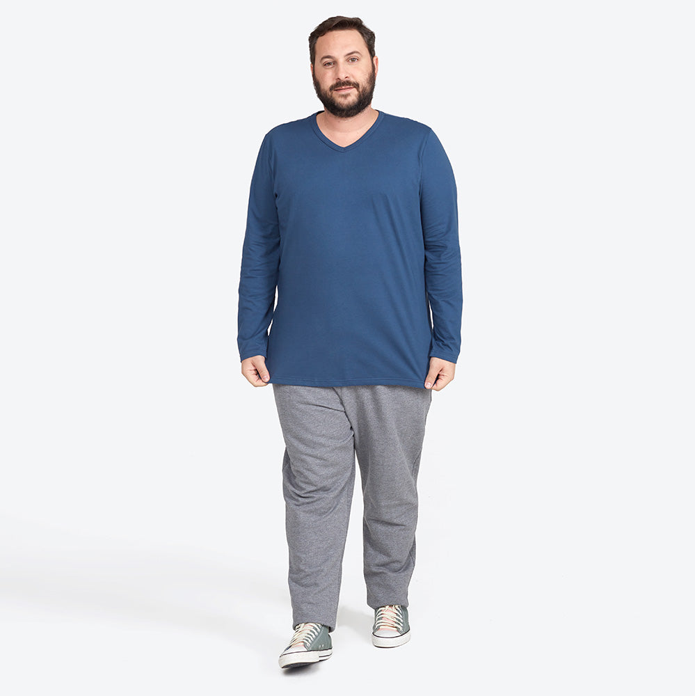 Camiseta Básica Gola V Manga Longa Plus Masculina - Azul Indigo