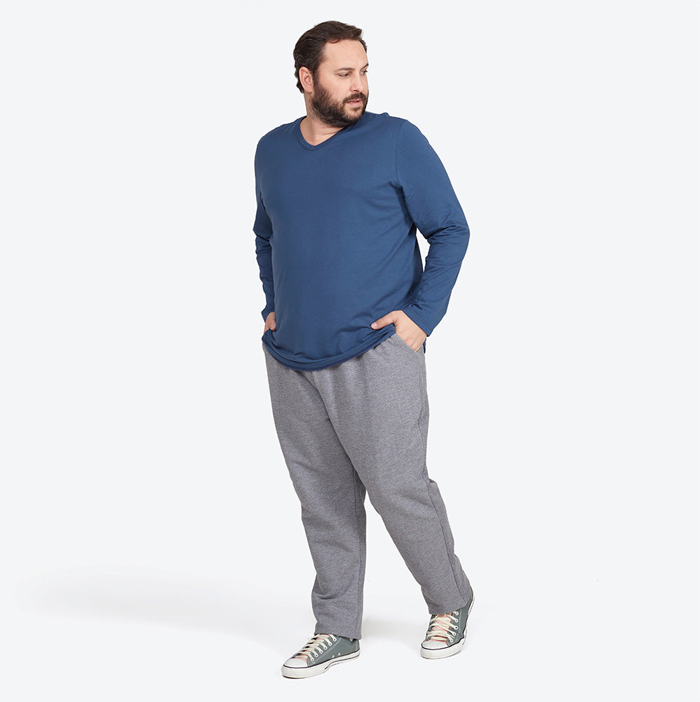 Camiseta Básica Gola V Manga Longa Plus Masculina - Azul Indigo