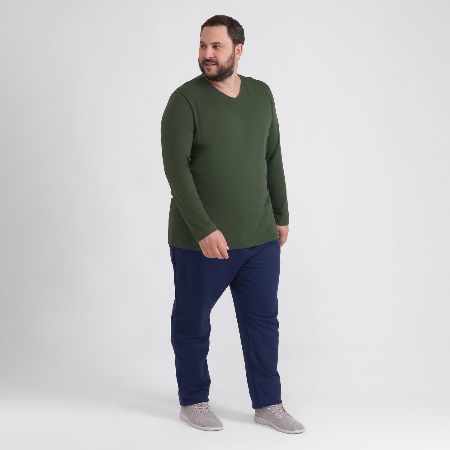 Camiseta Básica Gola V Manga Longa Plus Masculina - Verde Selva