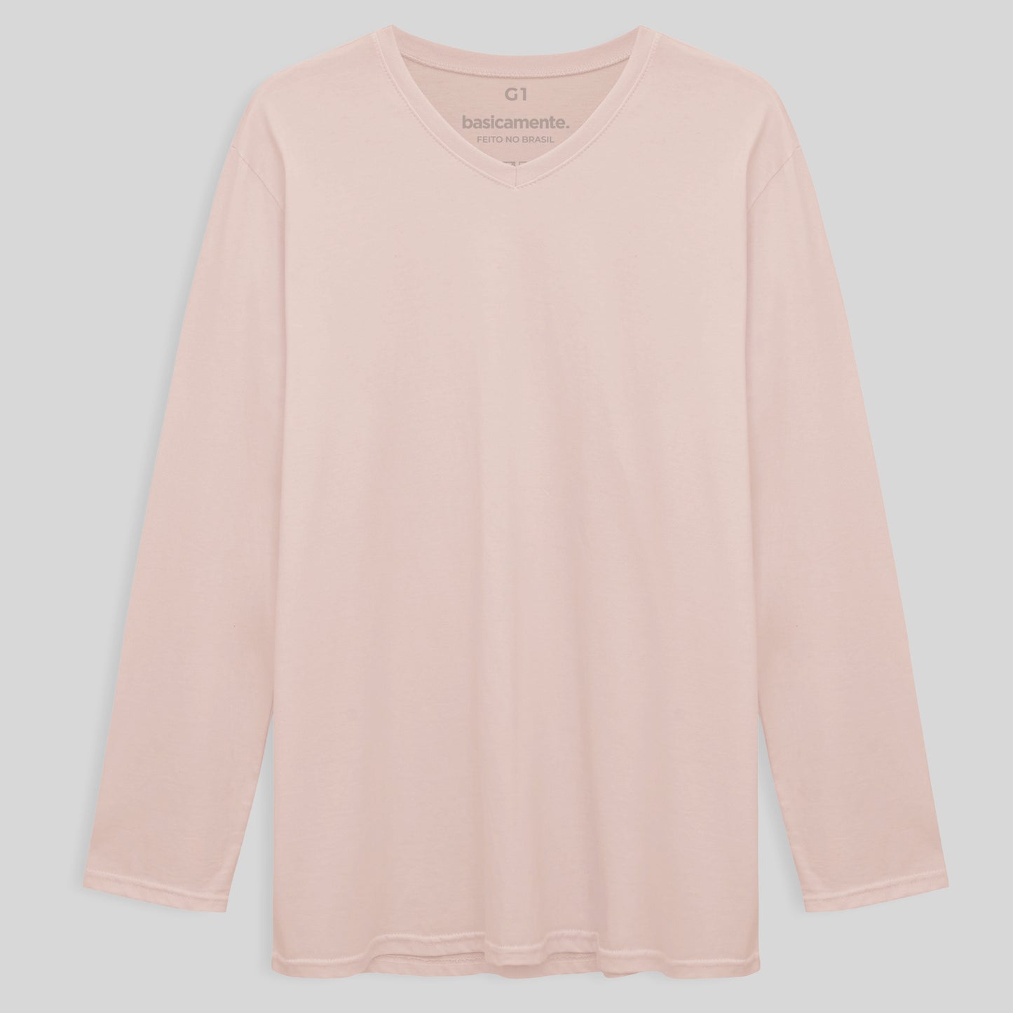 Camiseta Básica Gola V Manga Longa Plus Masculina - Rosa Pastel