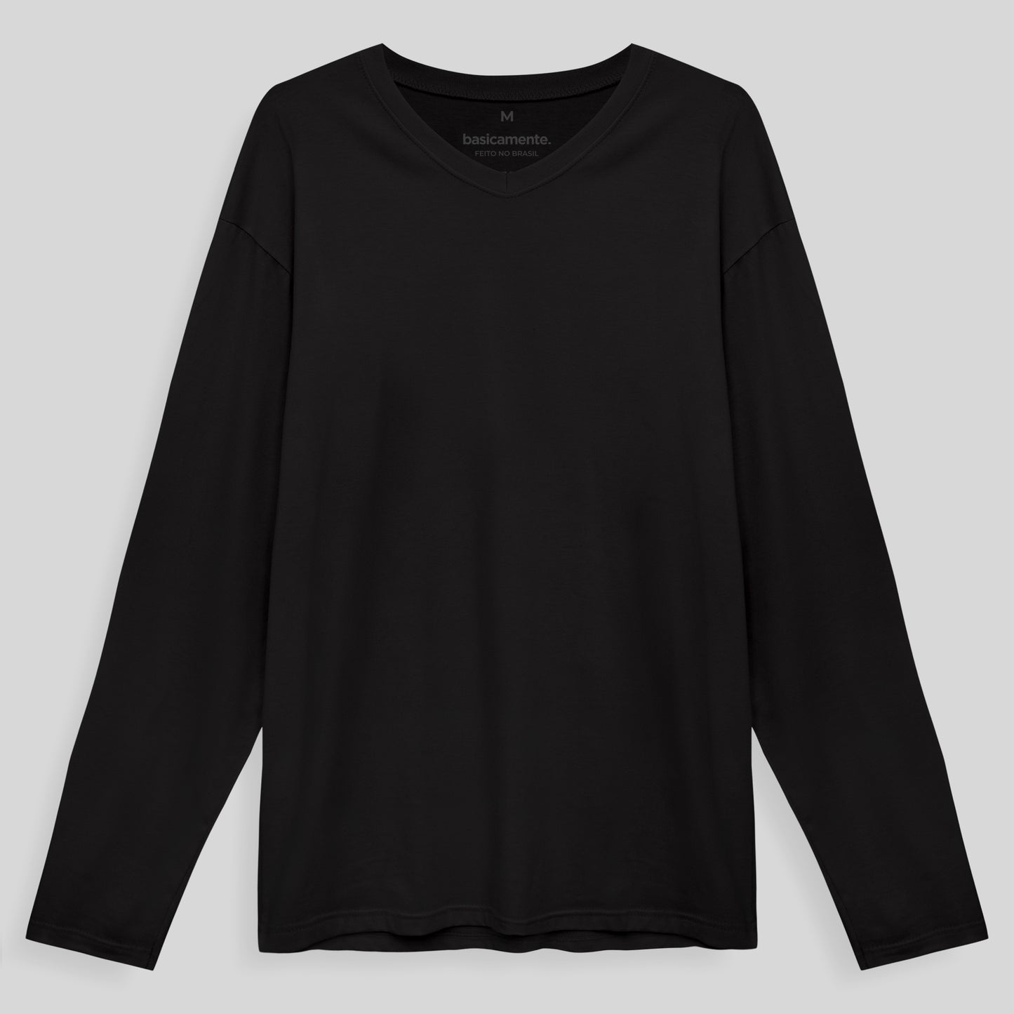 Camiseta Básica Gola V Manga Longa Masculina - Preto