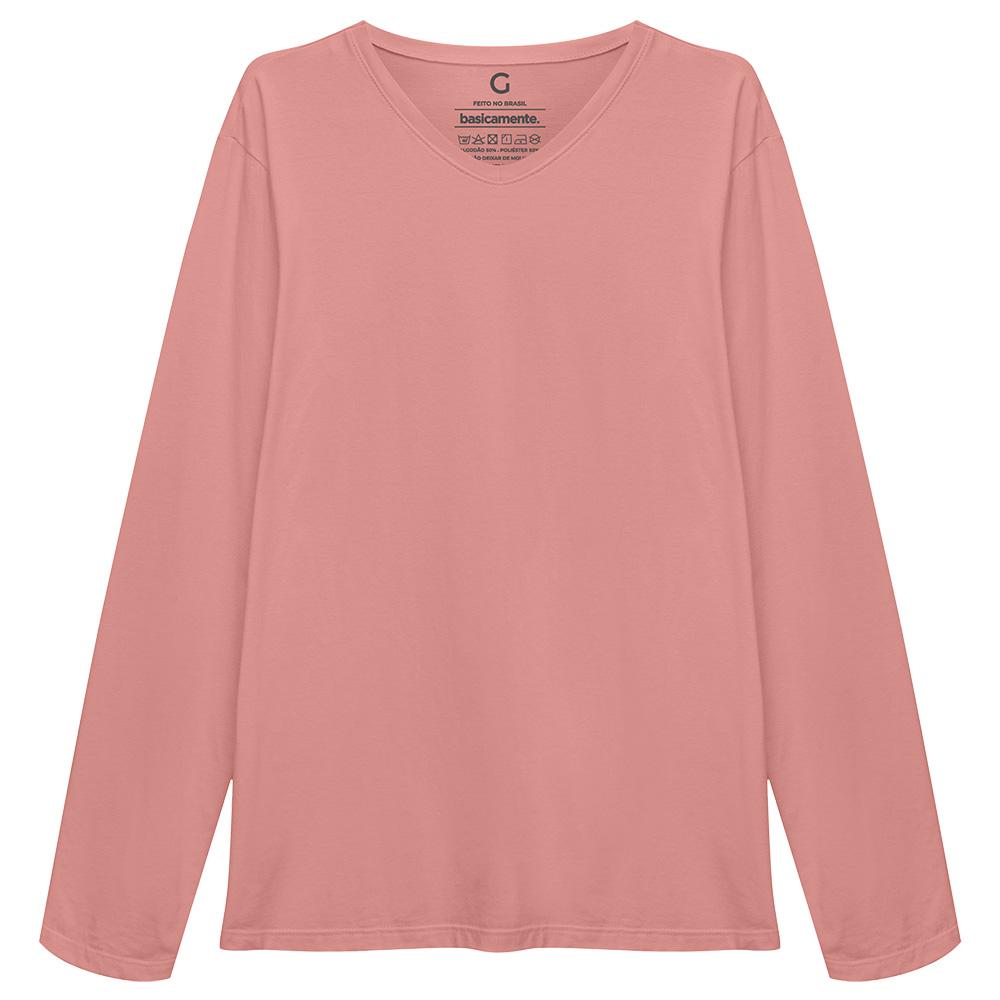 Camiseta Básica Gola V Manga Longa Masculina - Rose