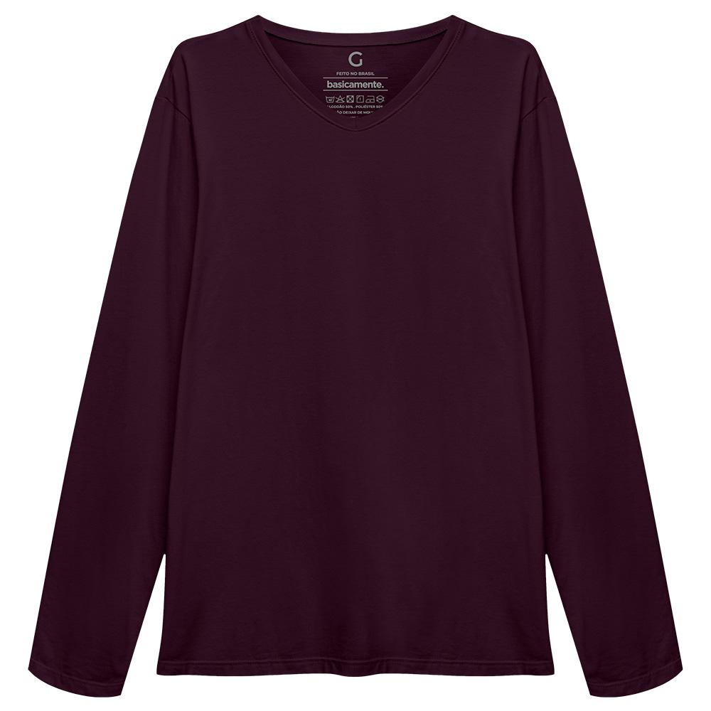 Camiseta Básica Gola V Manga Longa Masculina - Wine