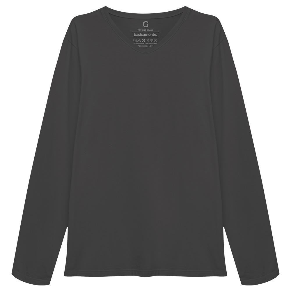 Camiseta Básica Gola V Manga Longa Masculina - Cinza Ardósia