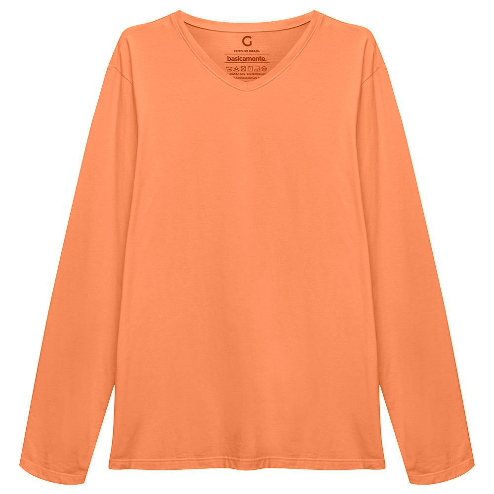 Camiseta Básica Gola V Manga Longa Masculina - Amarelo Mostarda