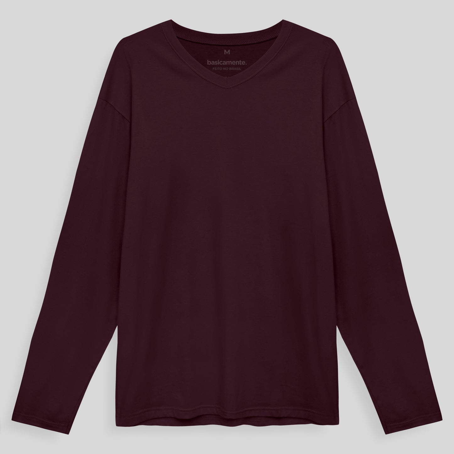 Camiseta Básica Gola V Manga Longa Masculina - Vermelho Vinho