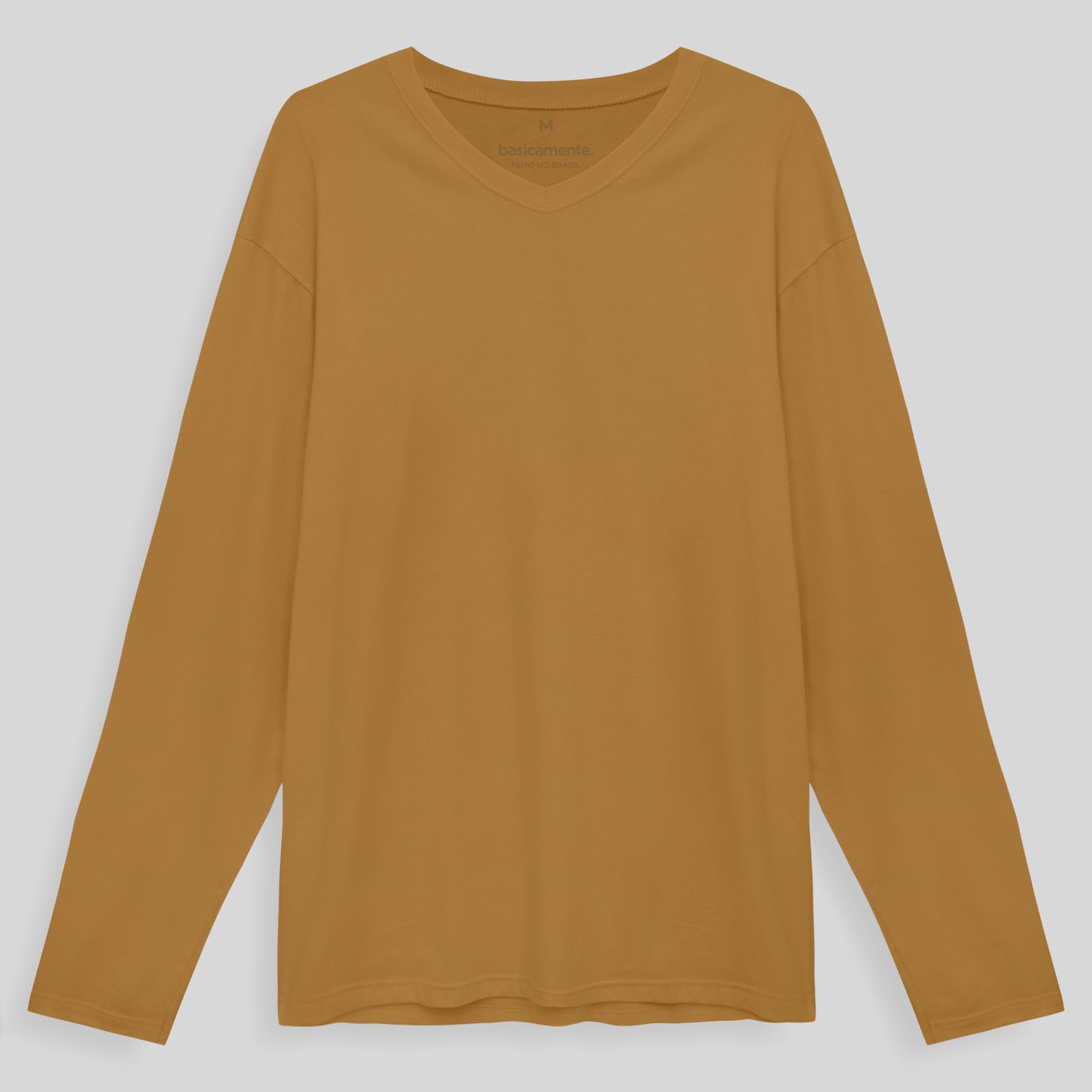 Camiseta Básica Gola V Manga Longa Masculina - Ocre