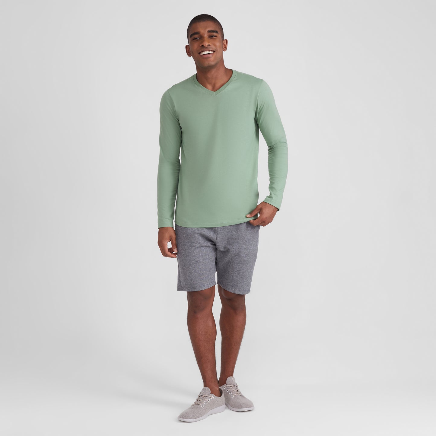 Camiseta Básica Gola V Manga Longa Masculina - Verde Jade