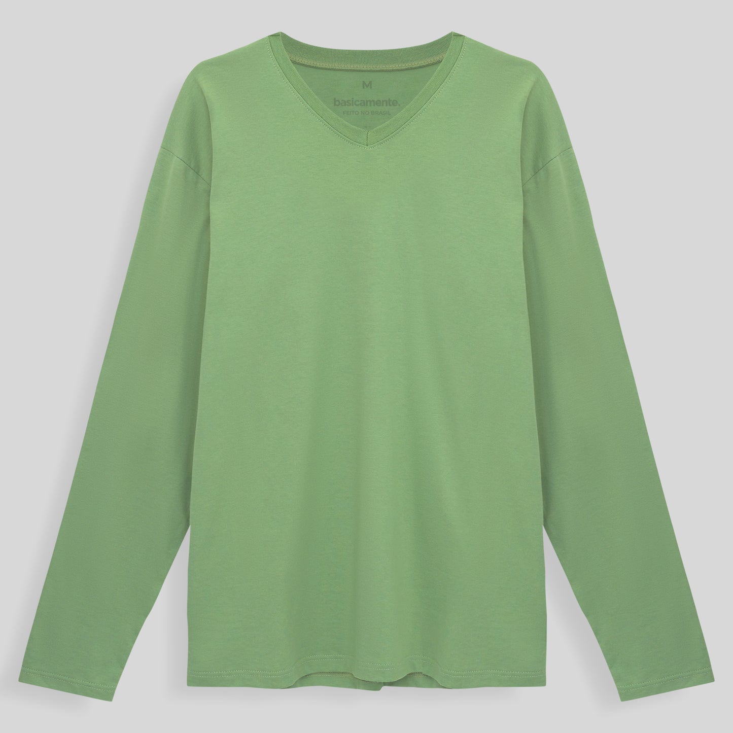 Camiseta Básica Gola V Manga Longa Masculina - Verde Jade