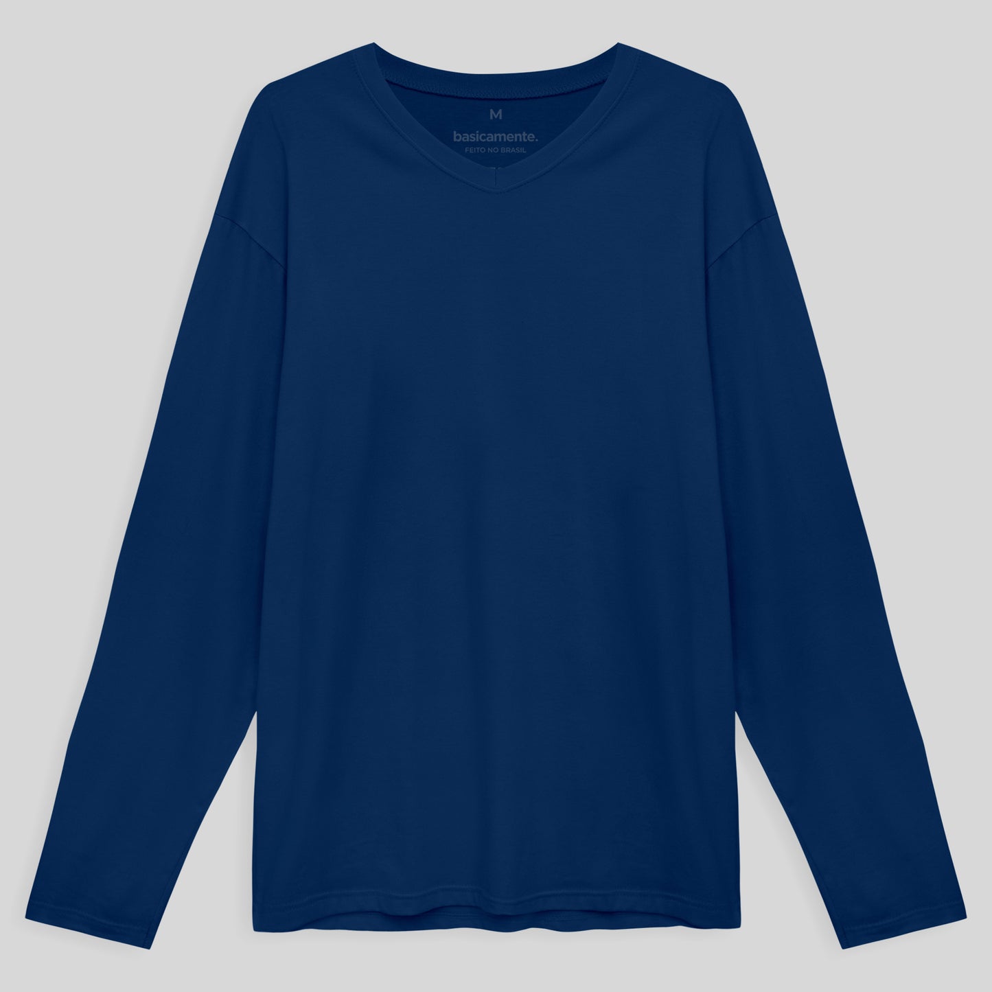 Camiseta Básica Gola V Manga Longa Masculina - Azul Bic