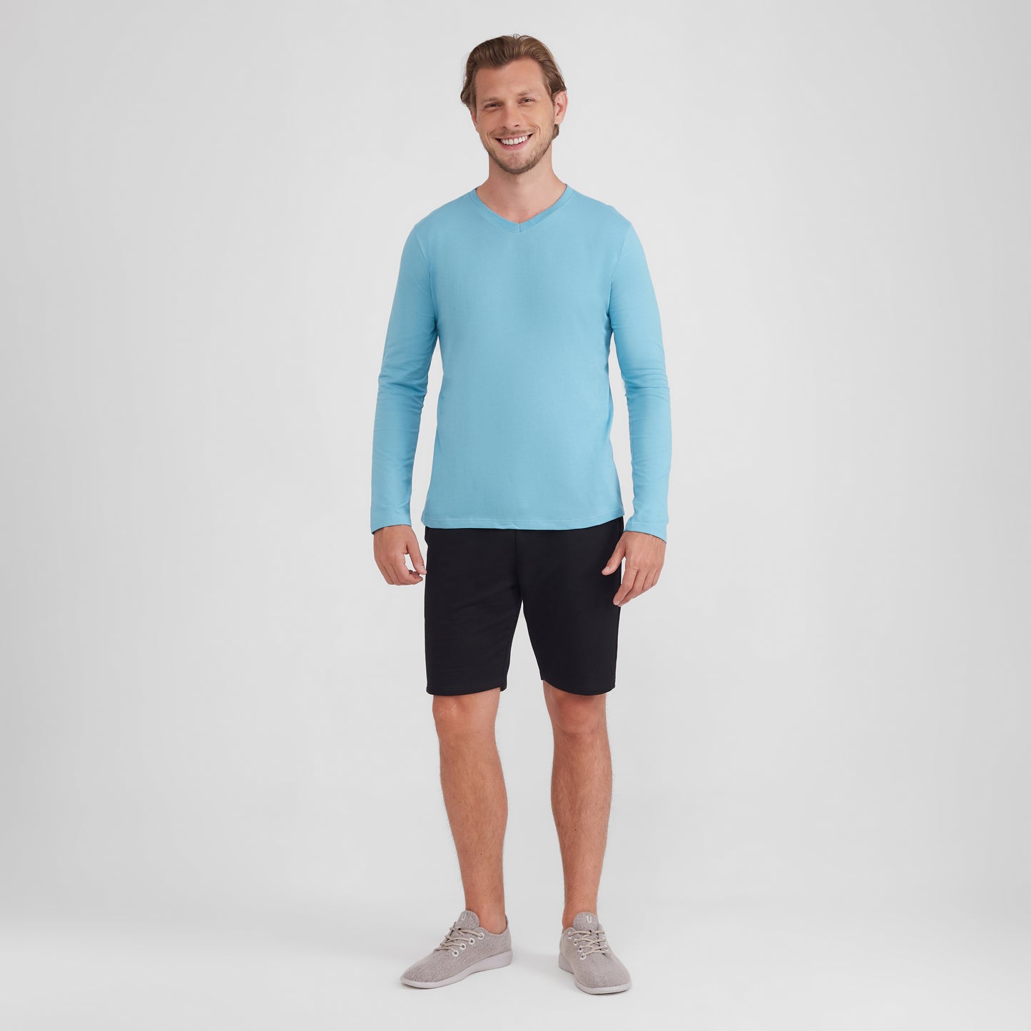 Camiseta Básica Gola V Manga Longa Masculina - Azul Claro