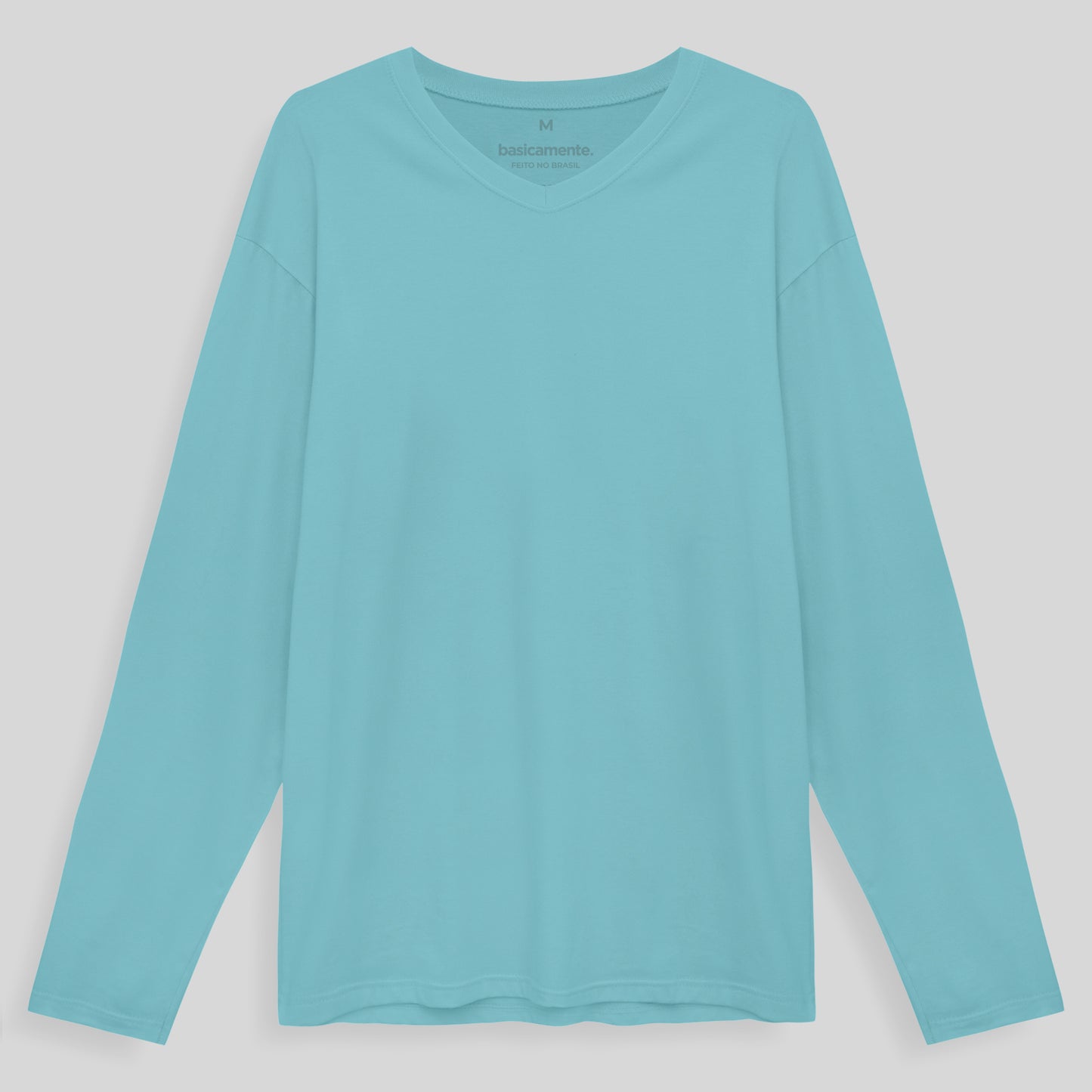 Camiseta Básica Gola V Manga Longa Masculina - Azul Claro