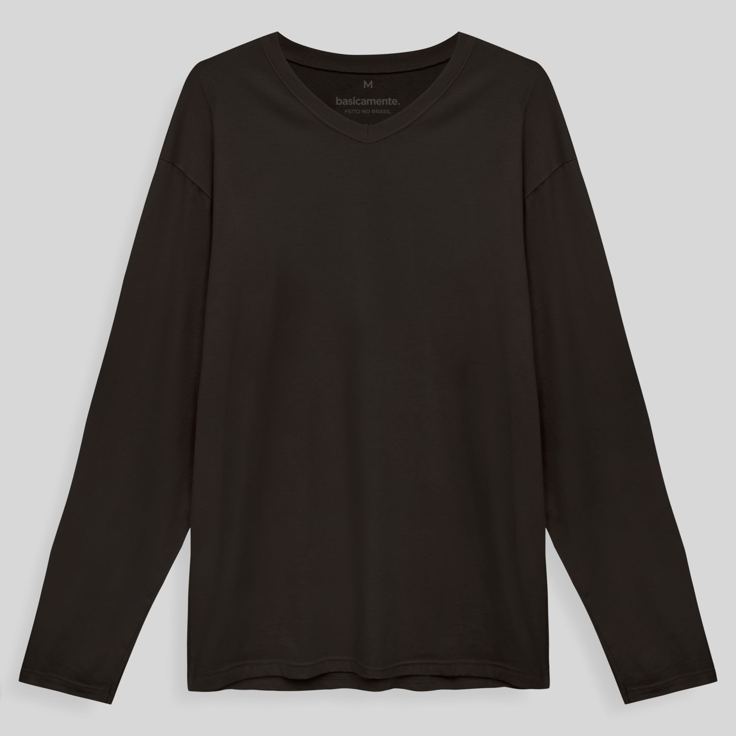 Camiseta Básica Gola V Manga Longa Masculina - Marrom