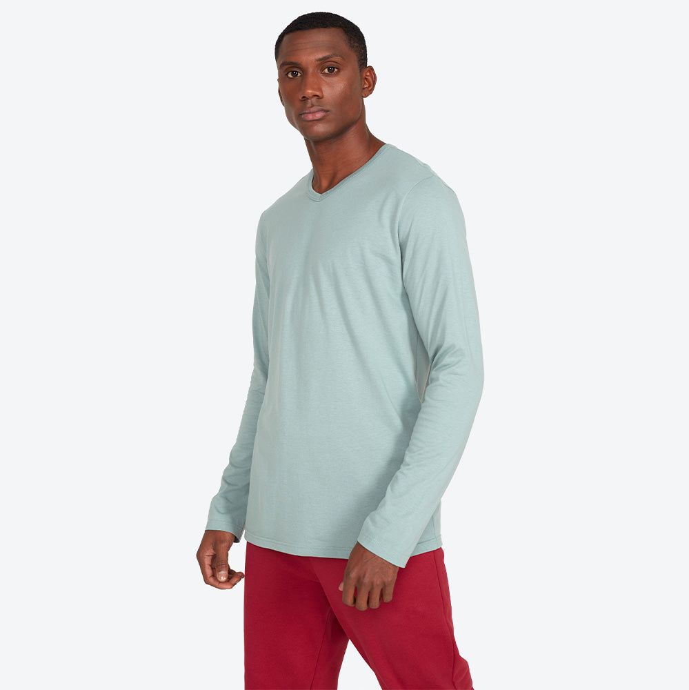 Camiseta Básica Gola V Manga Longa Masculina - Verde Chá