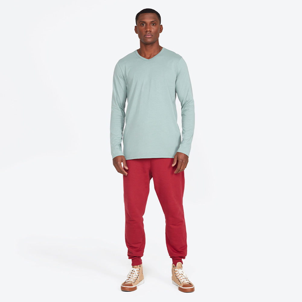 Camiseta Básica Gola V Manga Longa Masculina - Verde Chá