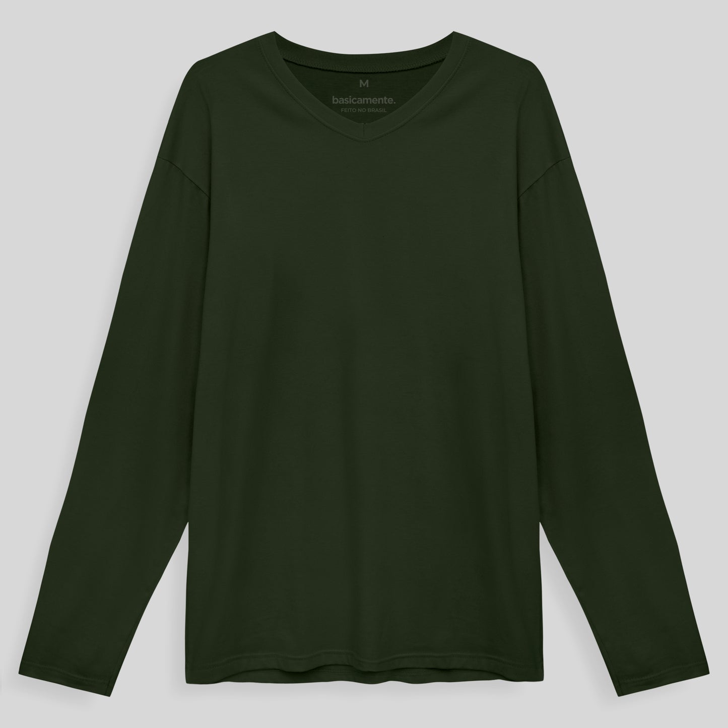 Camiseta Básica Gola V Manga Longa Masculina - Verde Selva