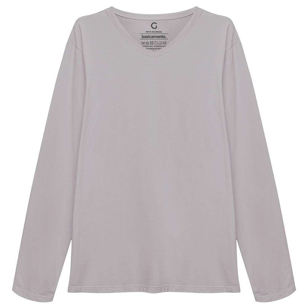 Camiseta Básica Gola V Manga Longa Masculina - Cinza Areia