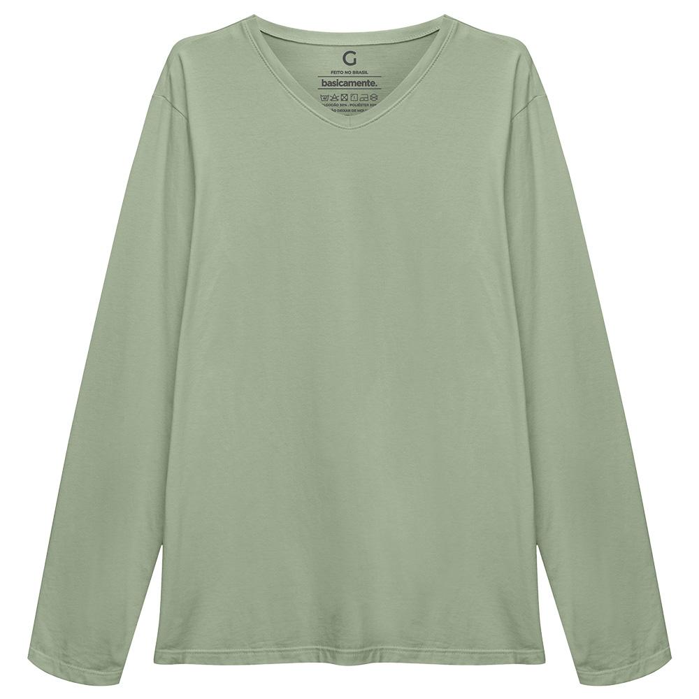 Camiseta Básica Gola V Manga Longa Masculina - Verde Oliva