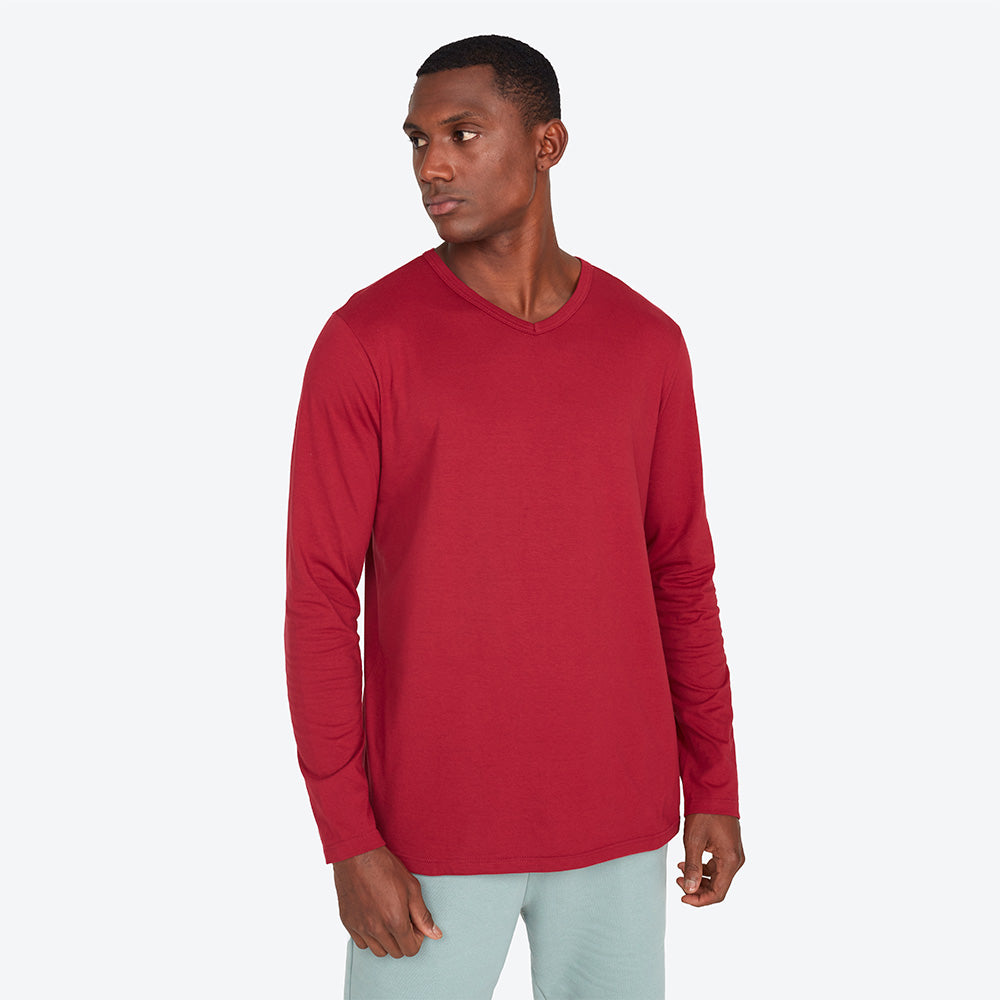 Camiseta Básica Gola V Manga Longa Masculina - Marsala